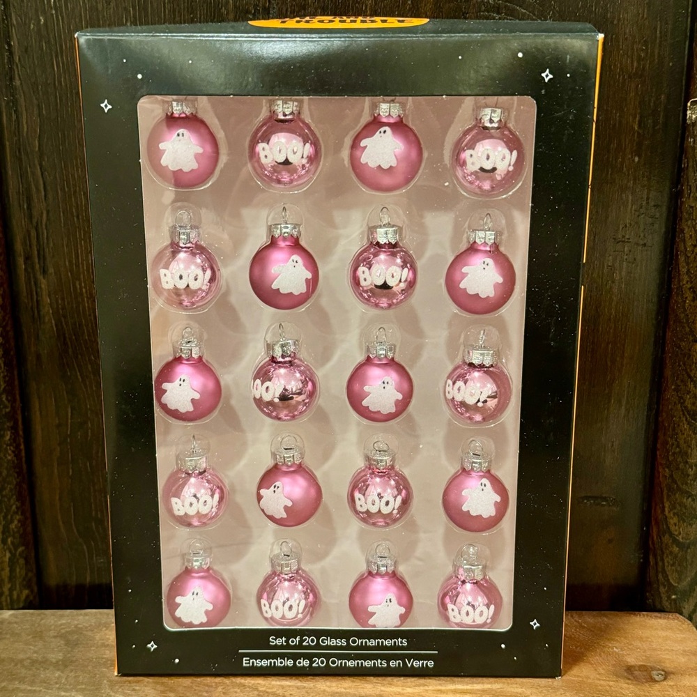 Pink Boo! Ghosts Mini Glass Halloween Ornament Set